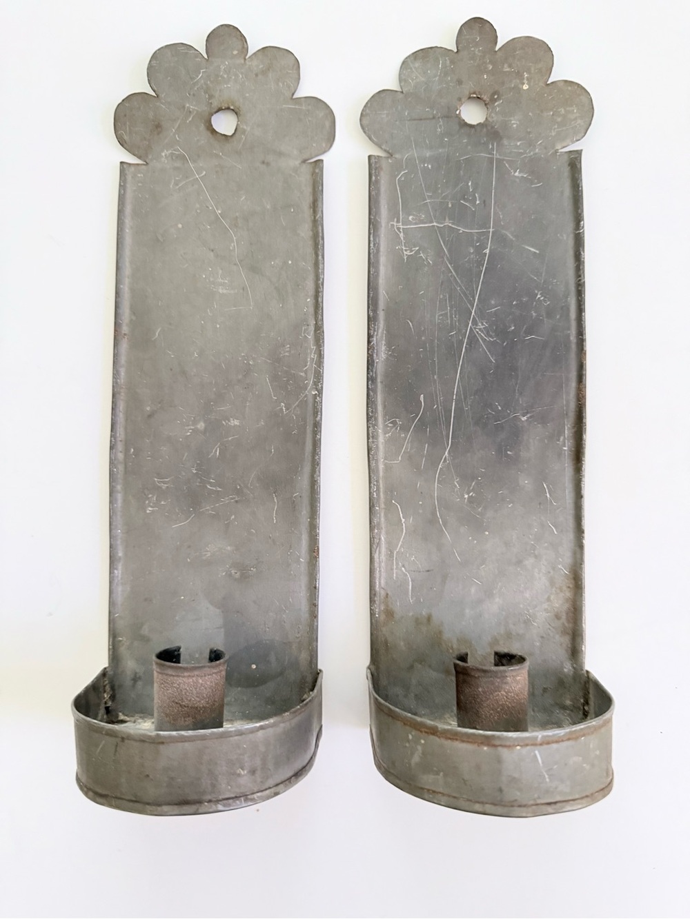 Antique Vintage Colonial Wall Candle Sconce Pair in Gray tin.